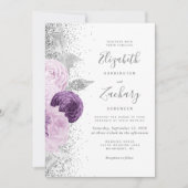 フローラパープルシルバーグリッターホワイトQRコード結婚ズ 招待状 (正面)