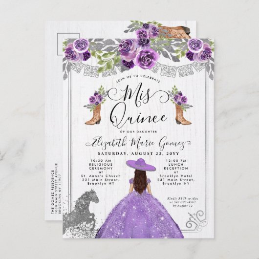 フローラパープルシルバーチャラブーツホースキンセアニェラ インビテーションポストカード (正面/裏面)