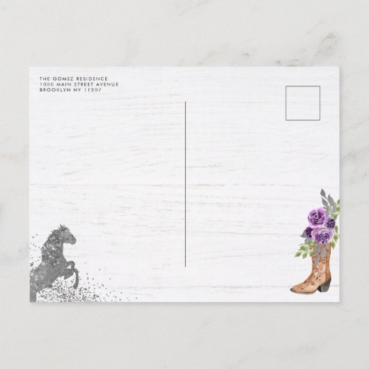 フローラパープルシルバーチャラブーツホースキンセアニェラ インビテーションポストカード (裏面)