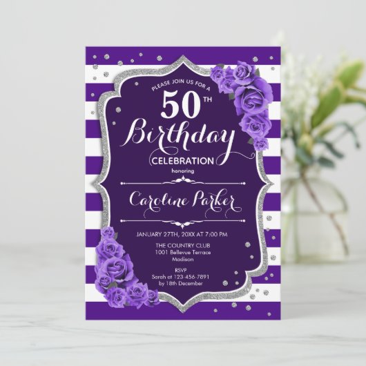 フローラパープルシルバーフォト50誕生日 招待状 (スタンド正面)