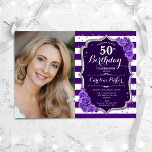 フローラパープルシルバーフォト50誕生日 招待状<br><div class="desc">エレガントフローラ50歳のフェミニン誕生日の招待状と写真。グラムパープル銀白色デザインとフェイクグリッター銀。機能ストライプ、ラベンダーバラ、スクリプトフォントと紙吹雪。大人スタイリッシュのお祝いパーティーに最適。独自の詳細でパーソナライズどんなカスタマイズ年でもいい！印刷されたZazzle招待状または即時ダウンロードのデジタル印刷可能なテンプレート。</div>