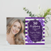 フローラパープルシルバーフォト50誕生日 招待状 (スタンド正面)