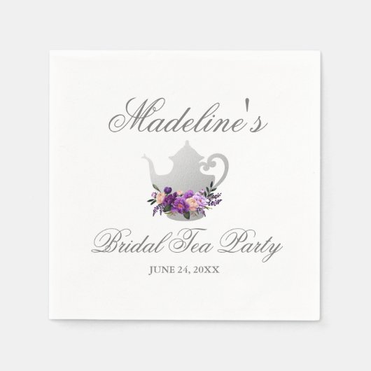フローラパープルシルバーブライダルシャワーティーパーティー スタンダードカクテルナプキン (正面)