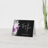 フローラパープルシルバーブラック結婚ズ・サンキュー カード (正面)