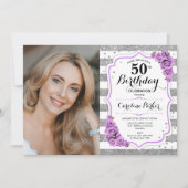 フローラパープルシルバーホワイト写真50誕生日 招待状 (正面)