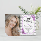 フローラパープルシルバーホワイト写真50誕生日 招待状 (スタンド正面)