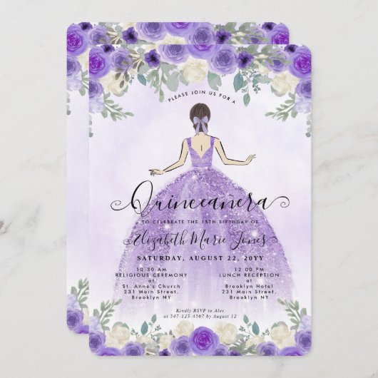 フローラパープルバイオレットプリンセス誕生日キンセアニェラ 招待状 (正面/裏面)