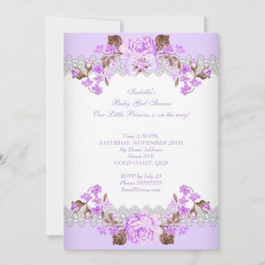 フローラパープルプリンセスベビーシャワーブルネットガール 招待状 (裏面)