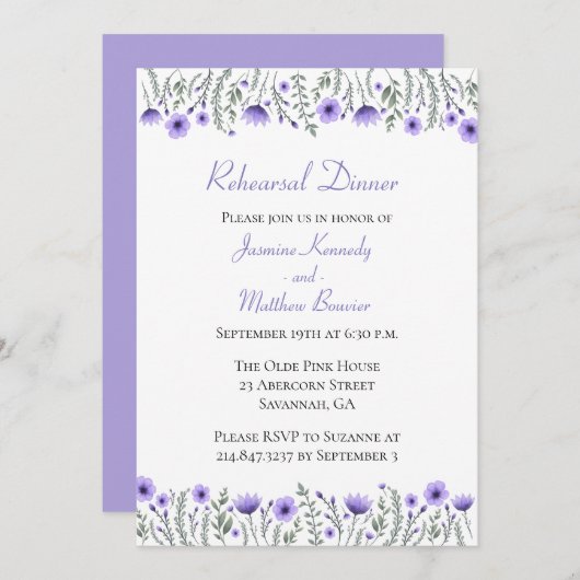 フローラパープルリハーサル夕食水色の花 招待状 (正面/裏面)