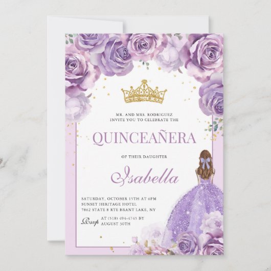 フローラパープル薄紫キンセアニェラ金ゴールドプリンセス 招待状 (正面)