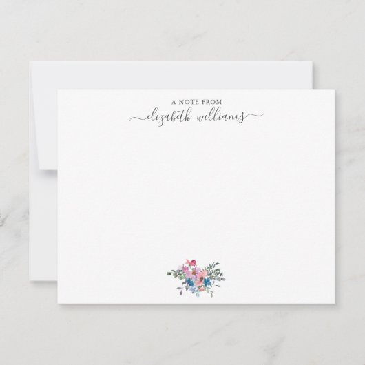 フローラパープル赤面ピンクブルーボタニカルスクリプト ノートカード (正面)