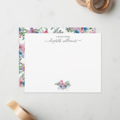 フローラパープル赤面ピンクブルーボタニカルスクリプト ノートカード (正面/裏面インサイチュ)