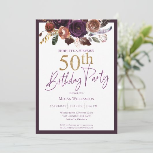 フローラパープル金ゴールドサプライズ50th誕生日パーティー 招待状 (スタンド正面)