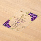フローラパープル金ゴールドティアラバタフライミクインセアニラ アクリル招待状 (レイダウン)