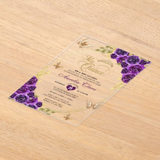 フローラパープル金ゴールドティアラバタフライミクインセアニラ アクリル招待状 (レイダウン)