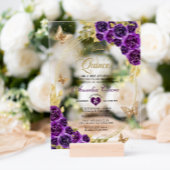 フローラパープル金ゴールドティアラバタフライミクインセアニラ アクリル招待状