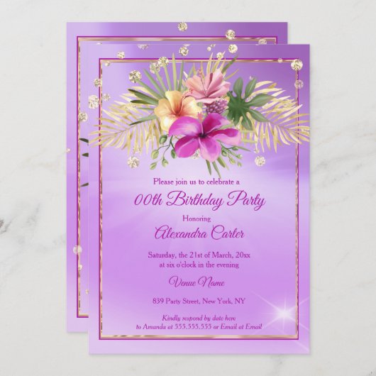 フローラパープル金ゴールドハイビスカスバースデーパーティー 招待状 (正面/裏面)