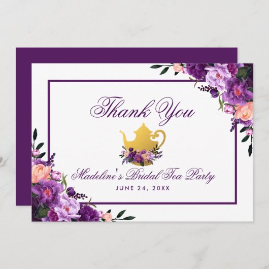 フローラパープル金ゴールドブライダルティーパーティーありがとうP サンキューカード (正面/裏面)