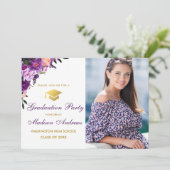 フローラパープル金ゴールド写真卒業パーティー招待状 招待状 (スタンド正面)