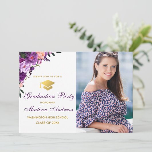 フローラパープル金ゴールド写真卒業パーティー招待状 招待状 (スタンド正面)