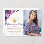 フローラパープル金ゴールド写真卒業パーティー招待状 招待状 (正面/裏面)