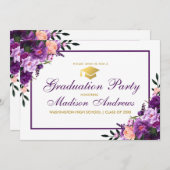 フローラパープル金ゴールド卒業パーティー招待状 招待状 (正面/裏面)