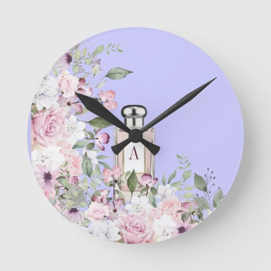 フローラパープル香水ボトル母のかわいらし日   ラウンド壁時計 (正面)