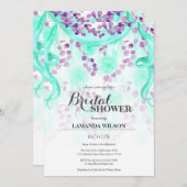 フローラパープル&ティール（緑がかった色）バナーブライダルシャワー 招待状 (正面/裏面)