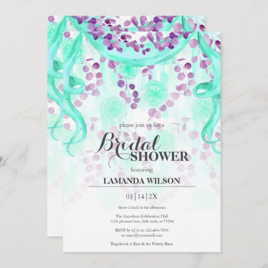 フローラパープル&ティール(緑がかった色)バナーブライダルシャワー 招待状 (正面/裏面)