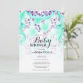 フローラパープル&ティール（緑がかった色）バナーベビーシャワー 招待状 (スタンド正面)