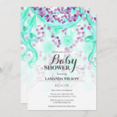 フローラパープル&ティール（緑がかった色）バナーベビーシャワー 招待状 (正面/裏面)