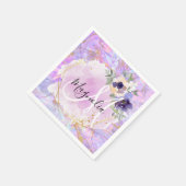 フローラパープル、ピンク&金ゴールドレインボーマーブルモノグラム スタンダードカクテルナプキン (角)
