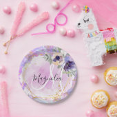 フローラパープル、ピンク&金ゴールドレインボーマーブルモノグラム ペーパープレート (パーティー)