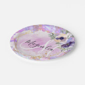 フローラパープル、ピンク&金ゴールドレインボーマーブルモノグラム ペーパープレート (アングル)