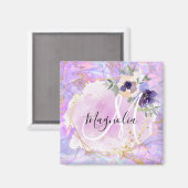 フローラパープル、ピンク&金ゴールドレインボーマーブルモノグラム マグネット (正面/裏面)