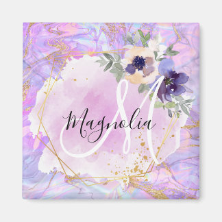 フローラパープル、ピンク&金ゴールドレインボーマーブルモノグラム マグネット