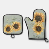 フローラヒマワリ素朴サパーソナライズされた 鍋つかみ&鍋敷きセット (正面)