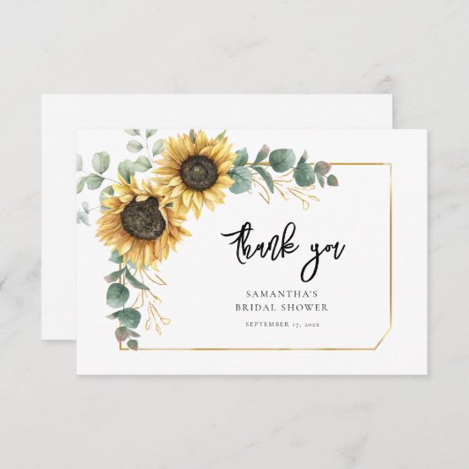 フローラヒマワールユーカリプスグリーンブライダルシャワー サンキューカード (正面/裏面)