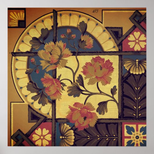 フローラビクトリアン芸術工芸品レッド・ブルー・ブラウン ポスター (正面)