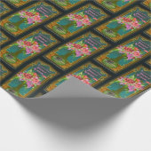 フローラビクトリアン香料ラベルブラックティール(緑がかった色)ピンク ラッピングペーパー (角)