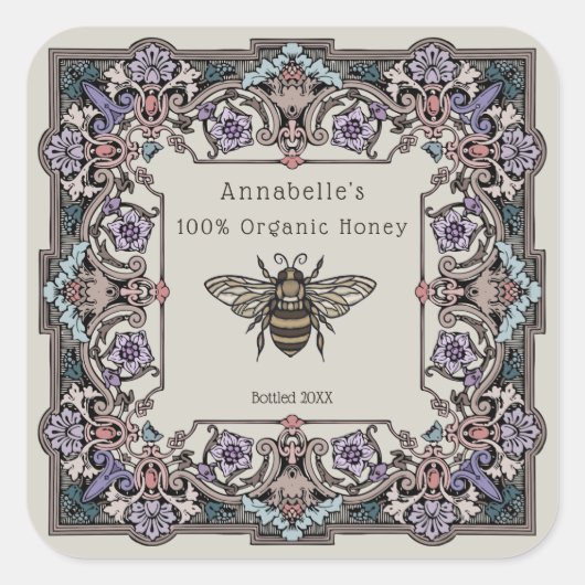 フローラビクトリアン2つのハニーラベルのパーソナライズ スクエアシール (正面)