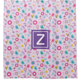 フローラビーパターンパープルモノグラムキッズ シャワーカーテン