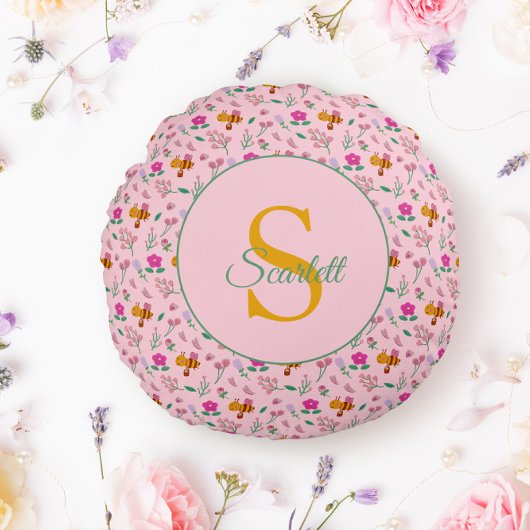 フローラビー&フラワーパターンモノグラム名 ラウンドクッション