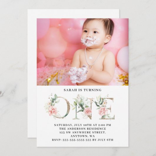 フローラピカスタムンク金ゴールド写真1st誕生日パーティーI 招待状 (正面/裏面)