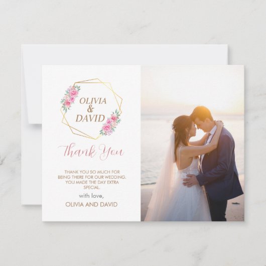フローラピンクおよびフェイク金ゴールドスクリプト |写真結婚の サンキューカード (正面)