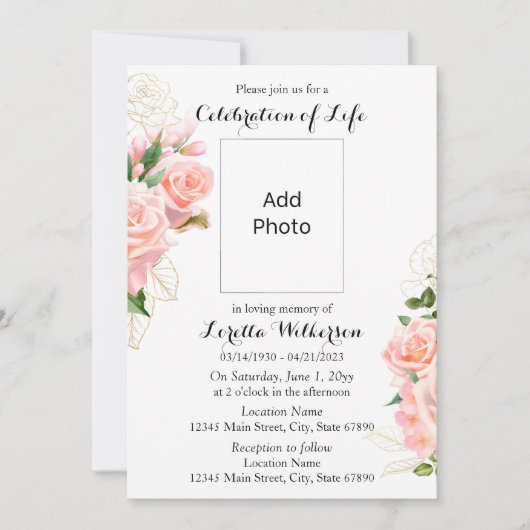 フローラピンクお祝いの写真 招待状 (正面)