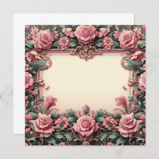 フローラピンクとグリーン空白のカードテンプレート 招待状 (正面/裏面)