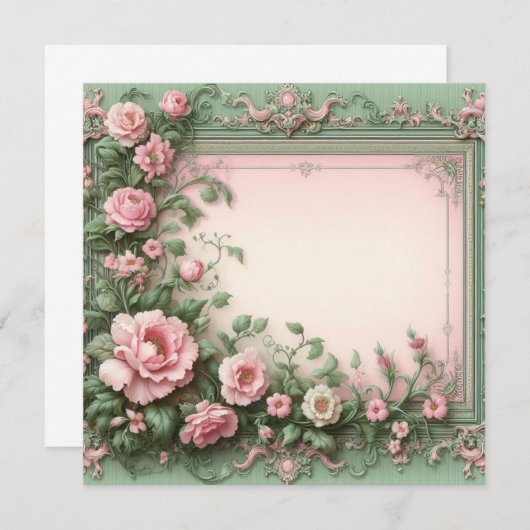フローラピンクとグリーン空白のカードテンプレート 招待状 (正面/裏面)