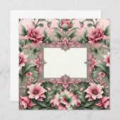 フローラピンクとグリーン空白のカードテンプレート 招待状 (正面/裏面)