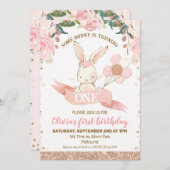 フローラピンクとバラ金ゴールドバニー1歳の誕生日 招待状 (正面/裏面)